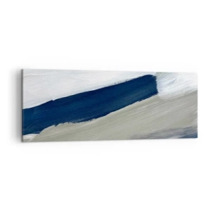 Obraz na płótnie - Abstrakcyjne pociągnięcia pędzla w odcieniach niebieskiego i szarości - 140x50cm - Spotkanie z bielą - Nowoczesna dekoracja ścienna do salonu i sypialni ARTTOR