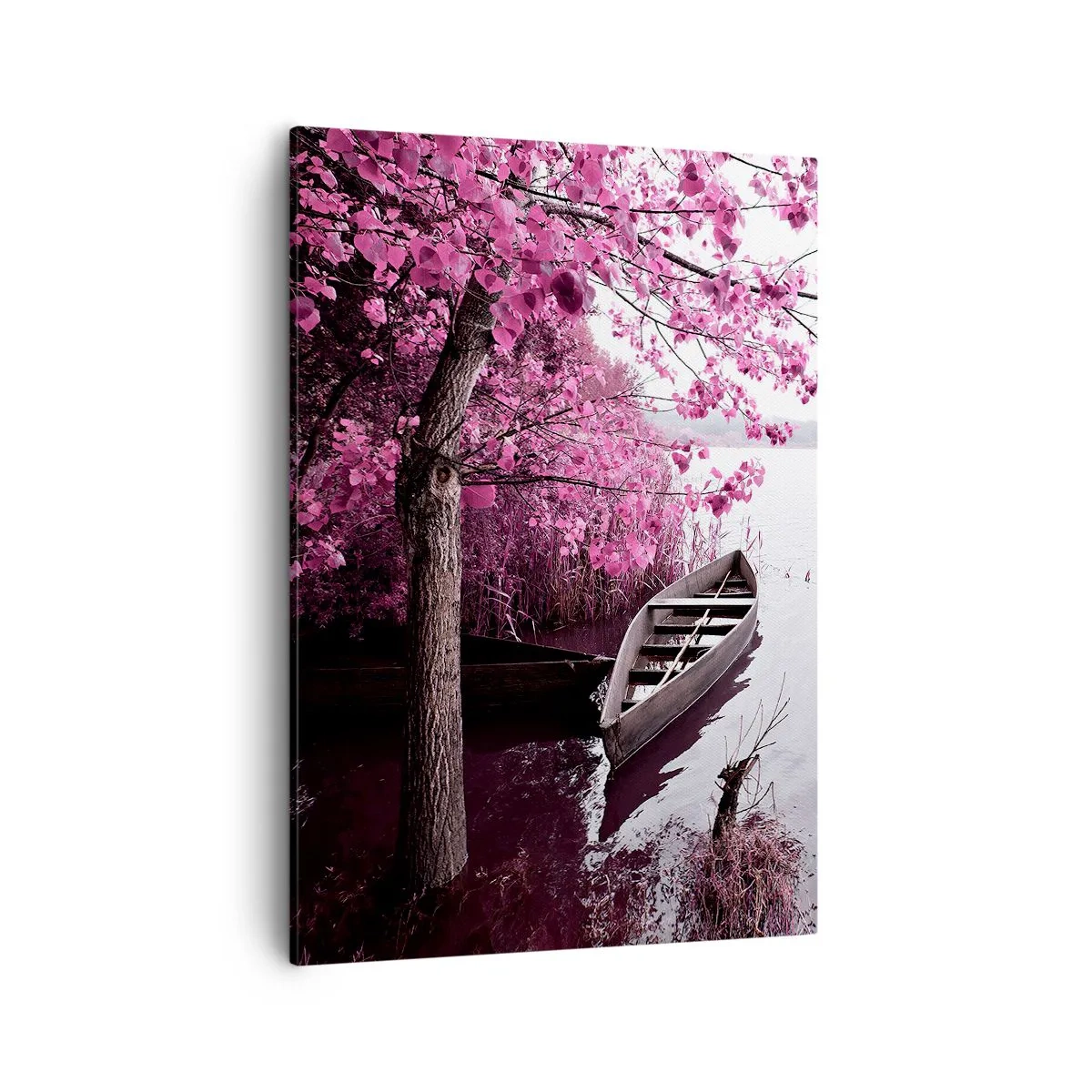 Obraz na płótnie - Łódź przy brzegu w otoczeniu różowych drzew - 50x70cm - W różowej ciszy - Nowoczesna dekoracja ścienna do salonu, kuchni i sypialni ARTTOR