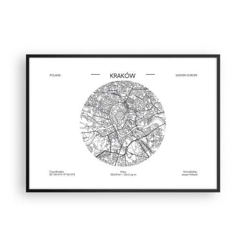 Plakat w czarnej ramie - Mapa Krakowa w minimalistycznym stylu - 100x70cm - Anatomia Krakowa - Nowoczesna dekoracja ścienna do salonu i sypialni ARTTOR