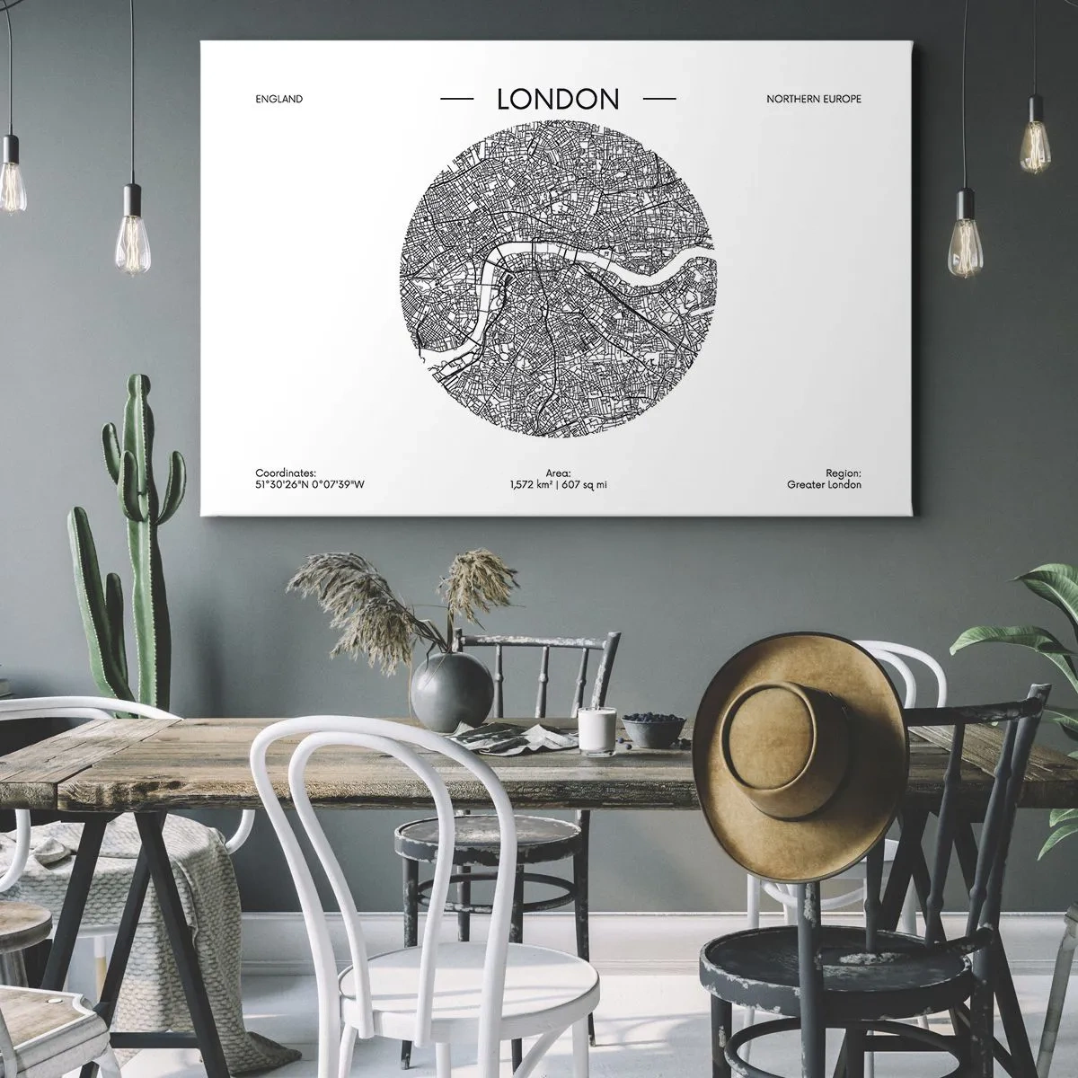 Obraz na płótnie - Minimalistyczna mapa Londynu w czarno-białej kolorystyce z precyzyjnymi detalami - 70x50cm - Anatomia Londynu - Nowoczesna dekoracja ścienna do salonu i sypialni ARTTOR