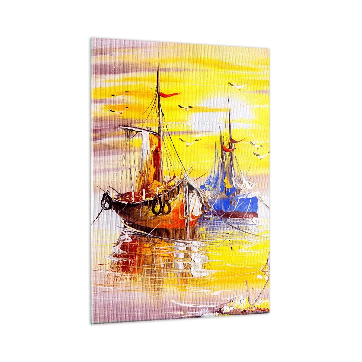 Obraz na szkle - Łodzie rybackie o zachodzie słońca na spokojnej wodzie - 50x70cm - Zasłużony odpoczynek w porcie - Nowoczesna dekoracja ścienna do salonu, kuchni i sypialni ARTTOR