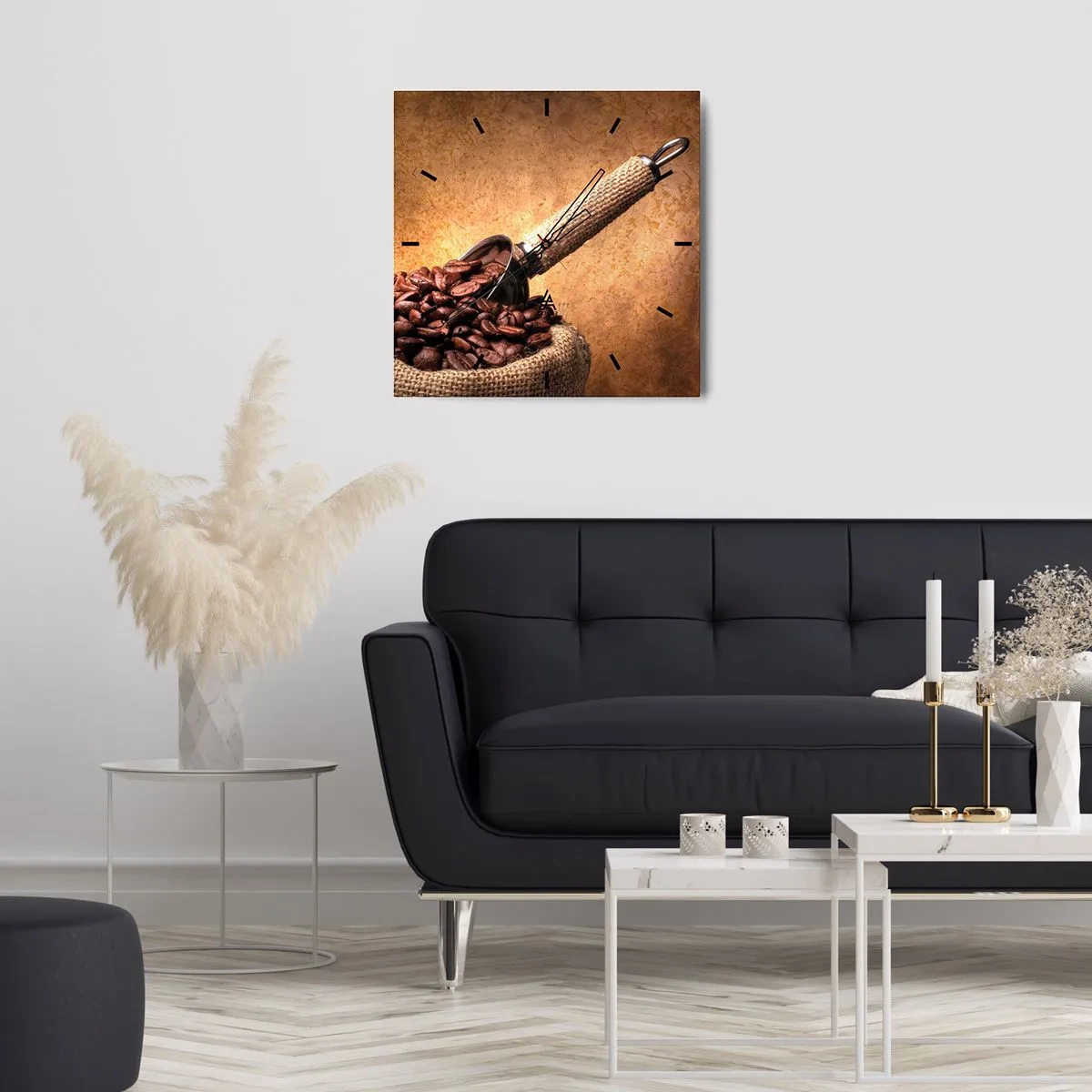 Zegar ścienny - Ziarna kawy w worku jutowym z metalową łyżką - 30x30cm - U źródeł smaku - Nowoczesna dekoracja ścienna do salonu i sypialni ARTTOR