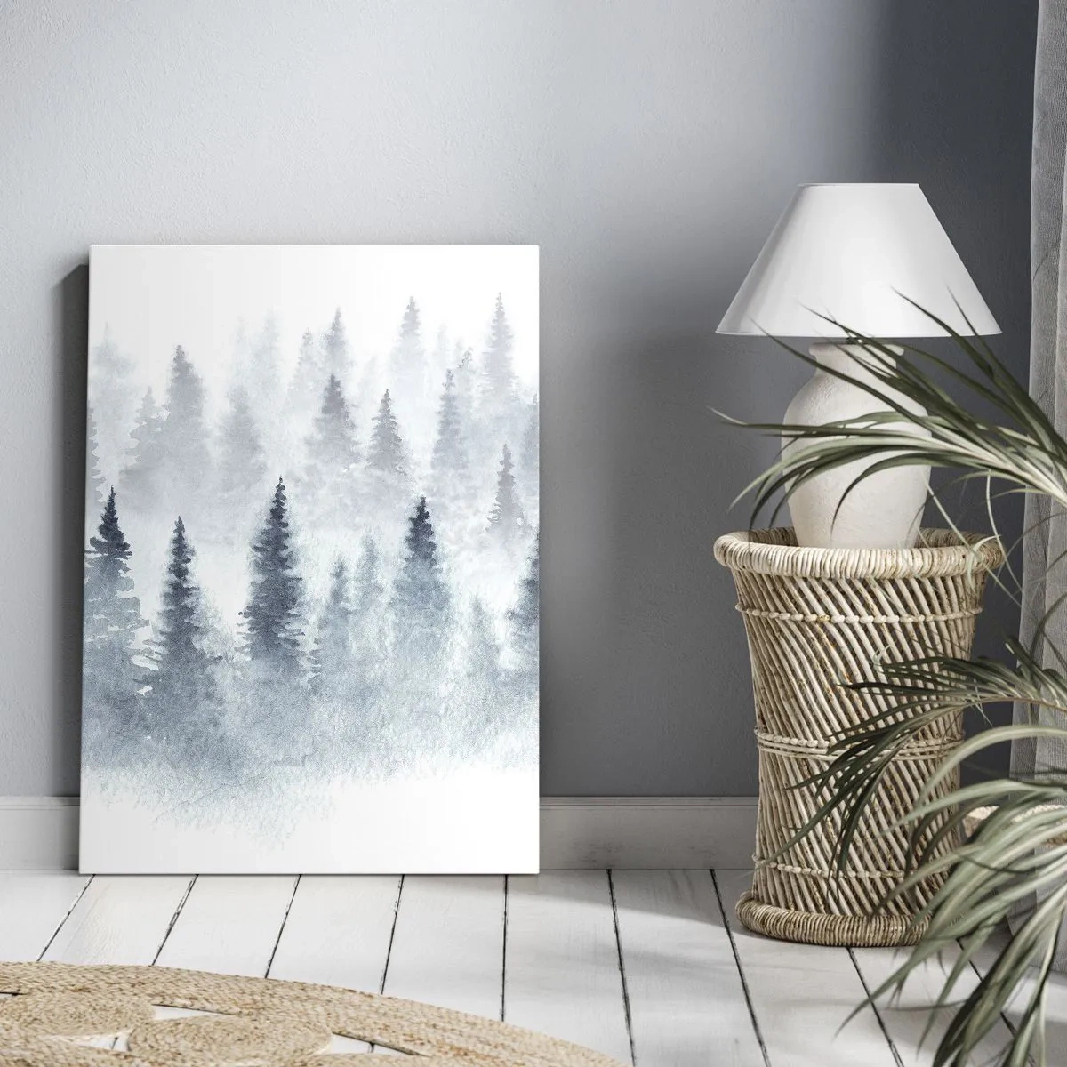 Obraz na płótnie - Lasy iglaste skąpane w delikatnej mgle - 70x100cm - Otulone mgłą - Nowoczesna dekoracja ścienna do salonu i sypialni ARTTOR