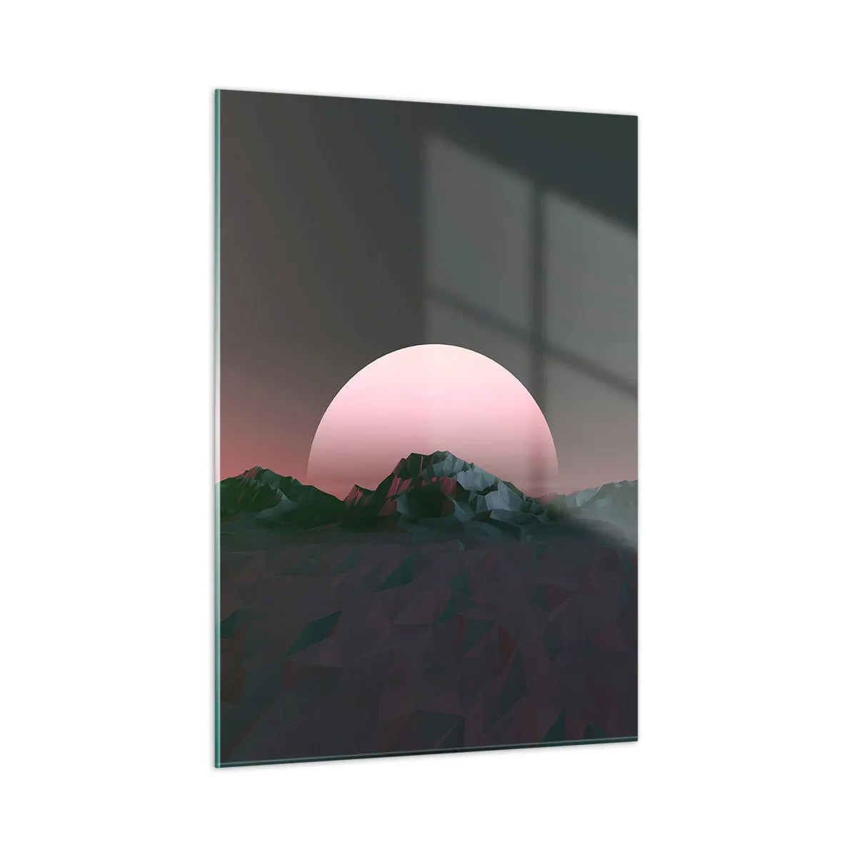 Obraz na szkle - Abstrakcyjny krajobraz z geometrycznymi górami i różowym słońcem - 50x70cm - W sąsiedniej galaktyce - Nowoczesna dekoracja ścienna do salonu, kuchni i sypialni ARTTOR