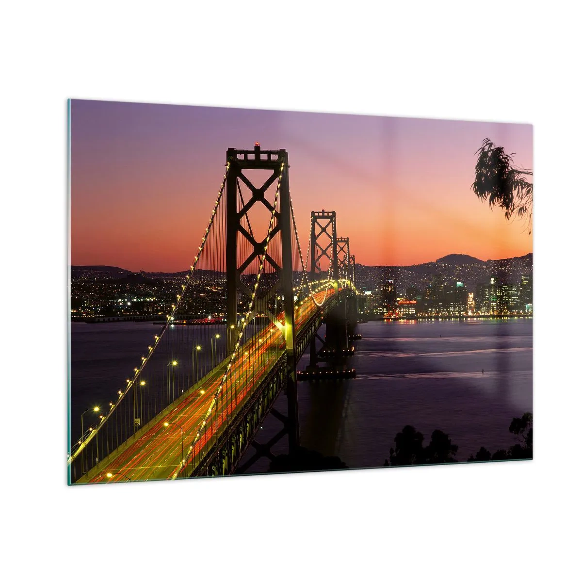 Obraz na szkle - Most nocą w świetle miasta i zachodu - 100x70cm - Wieczór we fiolecie - Nowoczesna dekoracja ścienna do salonu, kuchni i sypialni ARTTOR