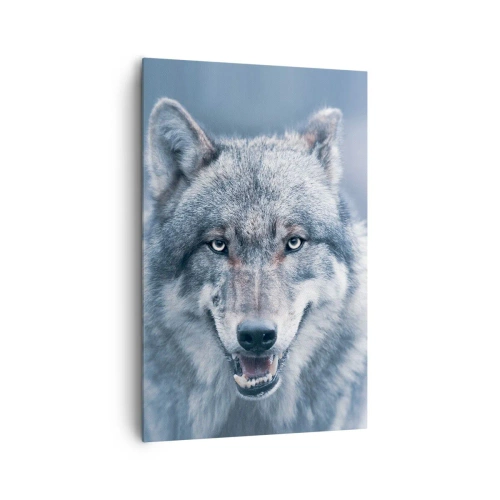 Obraz na płótnie - Wilk z intensywnym spojrzeniem w zimowym krajobrazie - 80x120cm - Podejmiesz wyzwanie? - Nowoczesna dekoracja ścienna do salonu i sypialni ARTTOR