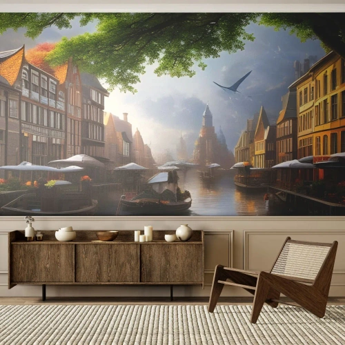 Fototapeta Premium Canvas - Niderlandzki pejzaż miejski - Stare Miasto, Łodzie, Kanał - 350x256 cm
