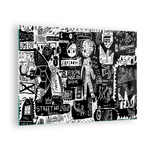 Obraz na szkle - Czarno-biała grafika w stylu street art z postaciami i symbolami - 70x50cm - Duchowej młodości prawa i radości - Nowoczesna dekoracja ścienna do salonu i sypialni ARTTOR