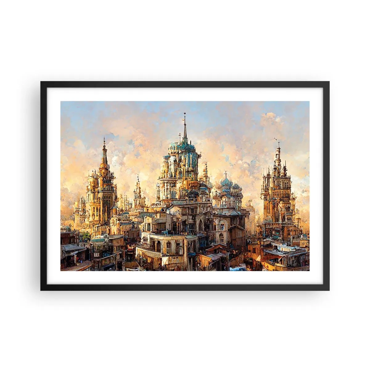 Plakat w czarnej ramie - Architektoniczne wieże w promieniach zachodzącego słońca - 70x50cm - Miasto miast - Nowoczesna dekoracja ścienna do salonu i sypialni ARTTOR