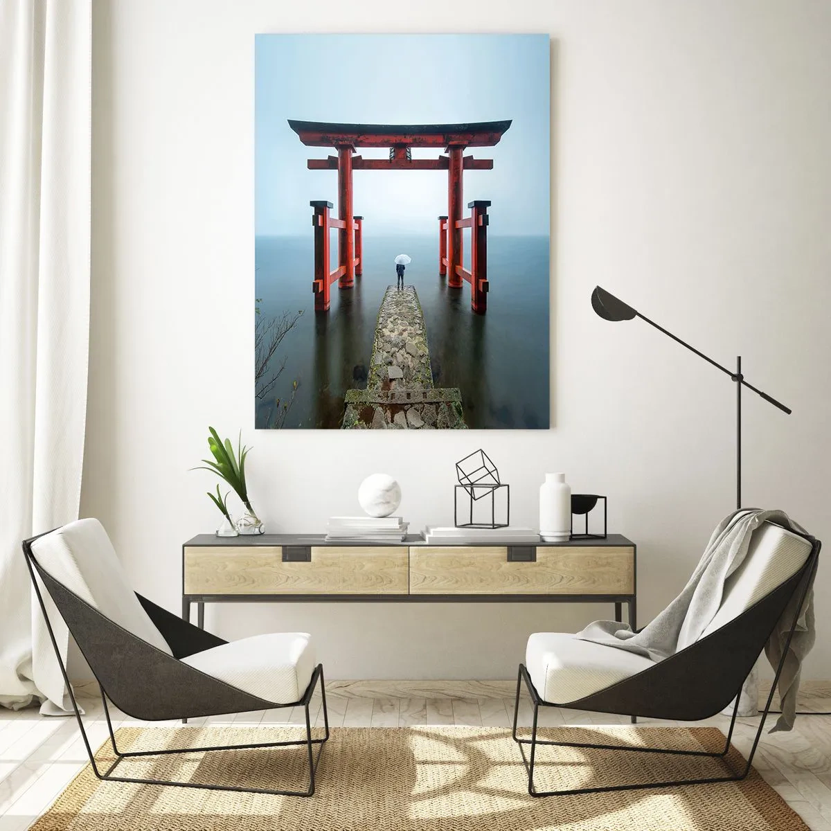 Obraz na szkle - Brama torii nad spokojnym jeziorem w Japonii - 80x120cm - Japońska zaduma - Nowoczesna dekoracja ścienna do salonu i sypialni ARTTOR