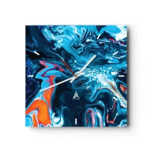 Zegar ścienny - Abstrakcyjny wzór w odcieniach niebieskiego z akcentami pomarańczu - 30x30cm - Podróż do wnętrza nieba - Nowoczesna dekoracja ścienna do salonu i sypialni ARTTOR