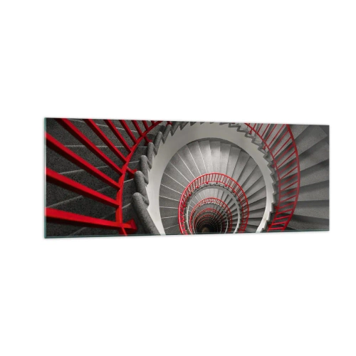 Obraz na szkle - Spiralne schody z czerwonymi poręczami w dynamicznej perspektywie - 140x50cm - Zabawy architektury - Nowoczesna dekoracja ścienna do salonu i sypialni ARTTOR