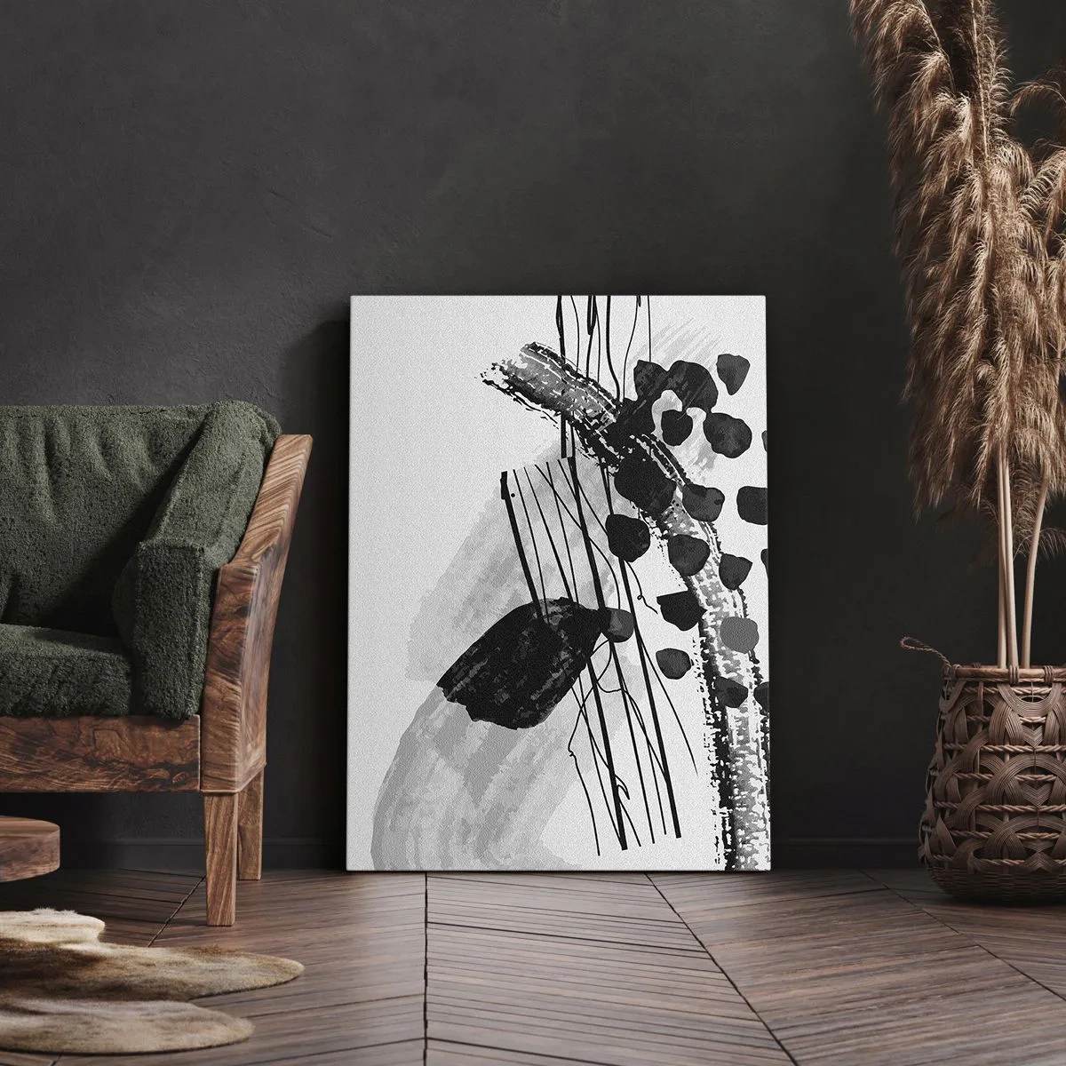 Obraz na płótnie - Czarno-biała abstrakcyjna kompozycja z organicznymi kształtami i liniami - 50x70cm - Czarno-biała abstrakcja organiczna - Nowoczesna dekoracja ścienna do salonu, kuchni i sypialni ARTTOR