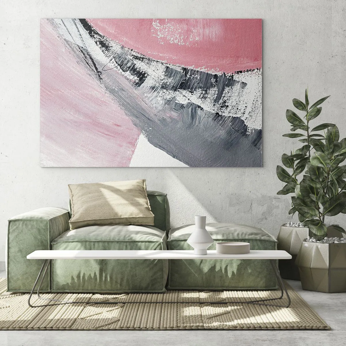 Obraz na szkle - Nowoczesna abstrakcja w różu, bieli i szarości z fakturą pędzla - 70x50cm - Kompozycja dopasowana - Nowoczesna dekoracja ścienna do salonu i sypialni ARTTOR