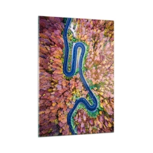 Obraz na szkle - Kręta droga wśród kolorowych jesiennych drzew z lotu ptaka - 50x70cm - Krętą drogą poprzez las - Nowoczesna dekoracja ścienna do salonu, kuchni i sypialni ARTTOR