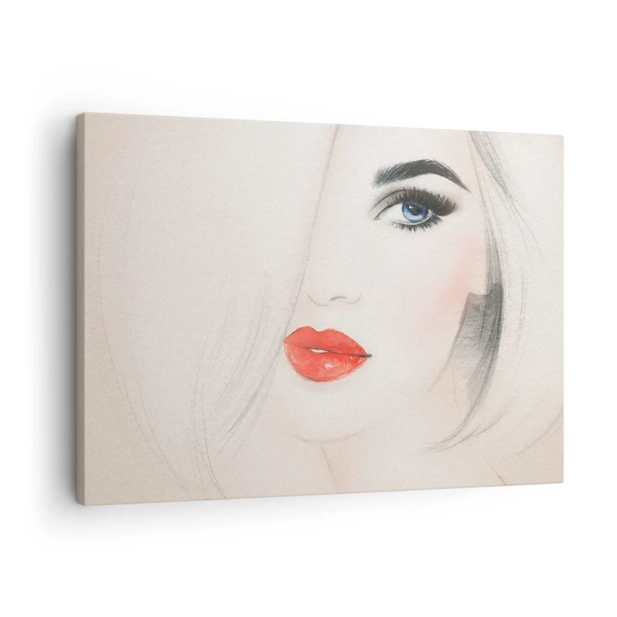 Obraz na płótnie - Minimalistyczny portret kobiety z niebieskim okiem i czerwonymi ustami - 70x50cm - Hipnotyzuje i odurza - Nowoczesna dekoracja ścienna do salonu i sypialni ARTTOR