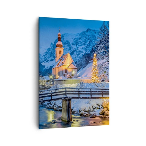 Obraz na płótnie - Zimowy krajobraz z kościołem i oświetloną choinką - 50x70cm - Duch Świąt - Nowoczesna dekoracja ścienna do salonu, kuchni i sypialni ARTTOR
