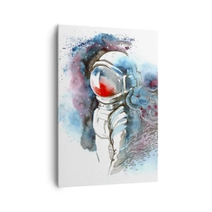 Obraz na płótnie - Kosmonauta w dynamicznej akwareli z kosmicznymi detalami - 70x100cm - Sam na sam z kosmosem - Nowoczesna dekoracja ścienna do salonu i sypialni ARTTOR