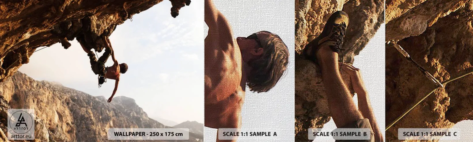 Fototapeta Próbka Premium Canvas - Świat skurczony w garści na obrywie głazu - Wyspa Kalymnos, Wspinaczka Skałkowa, Krajobraz - 100x30 cm