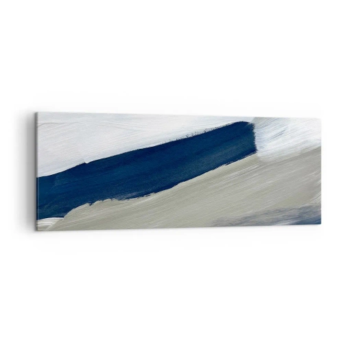 Obraz na płótnie - Abstrakcyjne pociągnięcia pędzla w odcieniach niebieskiego i szarości - 140x50cm - Spotkanie z bielą - Nowoczesna dekoracja ścienna do salonu i sypialni ARTTOR