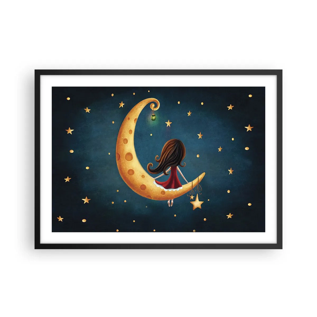 Plakat w czarnej ramie - Dziewczynka na księżycu w otoczeniu gwiazd - 70x50cm - Pewnego razu… - Nowoczesna dekoracja ścienna do salonu i sypialni ARTTOR