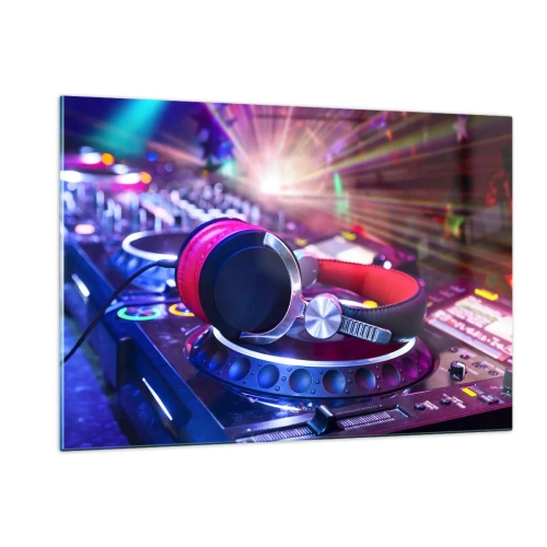 Obraz na szkle - Sprzęt DJ z kolorowymi światłami i słuchawkami - 120x80cm - Będzie, będzie się działo - Nowoczesna dekoracja ścienna do salonu, kuchni i sypialni ARTTOR