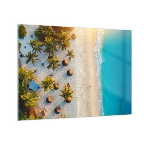 Obraz na szkle - Tropikalna plaża z palmami i parasolami w ujęciu z lotu ptaka - 70x50cm - Witaj w raju - Nowoczesna dekoracja ścienna do salonu i sypialni ARTTOR