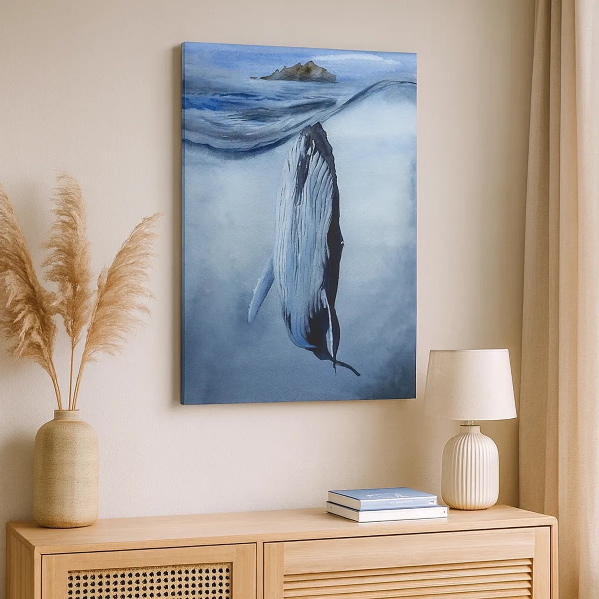 Obraz na płótnie - Wieloryb wynurzający się spod tafli wody, akwarela - 50x70cm - Dwa światy północy - Nowoczesna dekoracja ścienna do salonu, kuchni i sypialni ARTTOR