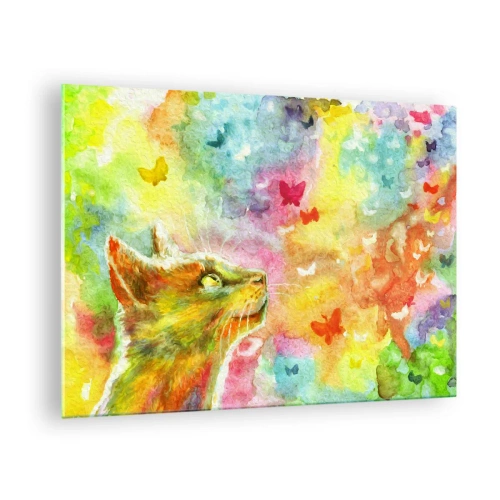 Obraz na szkle - Kot obserwujący kolorowe motyle w pastelowym tle - 70x50cm - Baju-baju w kocim raju - Nowoczesna dekoracja ścienna do salonu i sypialni ARTTOR
