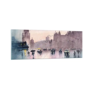 Obraz na szkle - Miejska ulica o zmierzchu w akwarelowym stylu - 140x50cm - W deszczowej mgiełce - Nowoczesna dekoracja ścienna do salonu i sypialni ARTTOR