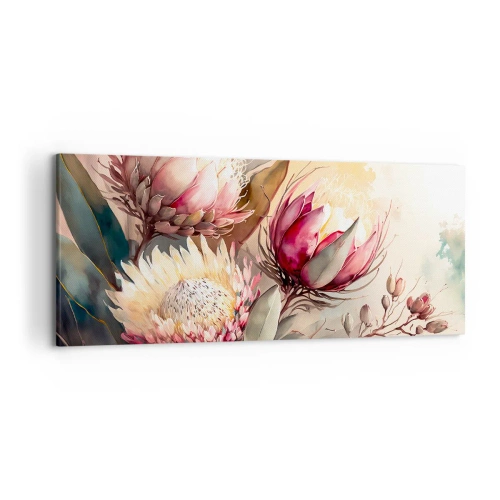 Obraz na płótnie - Kwiaty protei w delikatnych pastelowych odcieniach - 120x50cm - Z profilu i en face - Nowoczesna dekoracja ścienna do salonu i sypialni ARTTOR