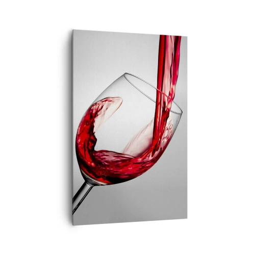 Obraz na płótnie - Kieliszek z czerwonym winem podczas nalewania na jasnym tle - 80x120cm - Barwa - ruch - dźwięk - Nowoczesna dekoracja ścienna do salonu i sypialni ARTTOR