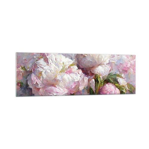 Obraz na szkle - Romantyczne kwiaty piwonii w pastelowych barwach - 160x50cm - Kipiący życiem bukiet - Nowoczesna dekoracja ścienna do salonu i sypialni ARTTOR
