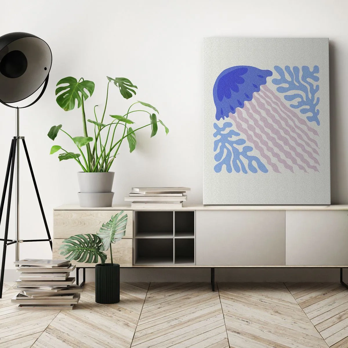 Obraz na płótnie - Abstrakcyjna ilustracja meduzy w pastelowych odcieniach - 80x120cm - Jak z innego świata - Nowoczesna dekoracja ścienna do salonu i sypialni ARTTOR