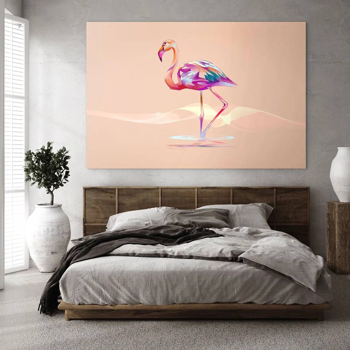 Obraz na szkle - Kolorowy flaming na pastelowym tle - 70x50cm - Ptak dobrych emocji - Nowoczesna dekoracja ścienna do salonu i sypialni ARTTOR