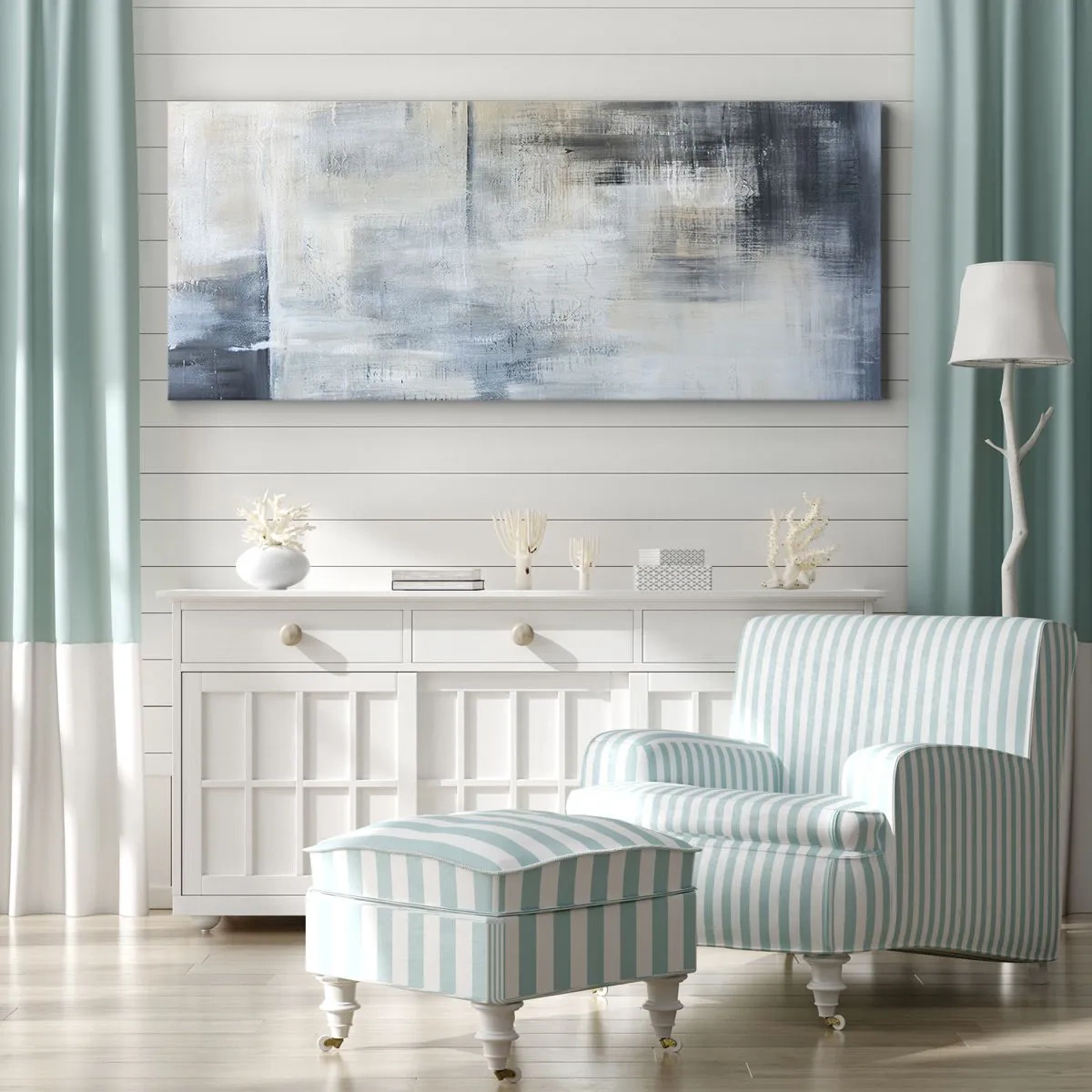 Obraz na płótnie - Abstrakcyjna kompozycja w odcieniach błękitu i szarości - 160x50cm - Za zasłoną błękitu - Nowoczesna dekoracja ścienna do salonu i sypialni ARTTOR