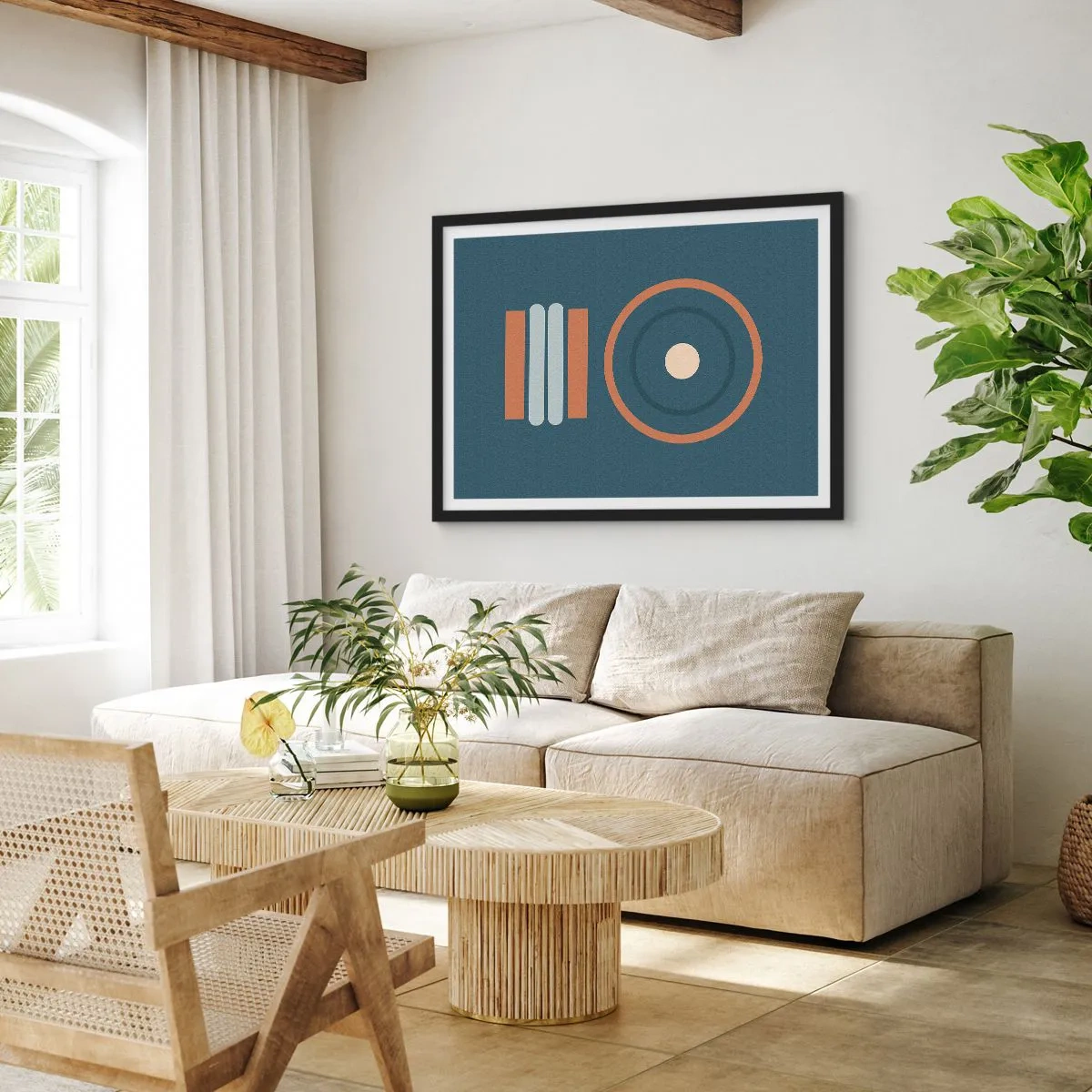 Plakat w czarnej ramie - Geometryczna kompozycja z okręgami i prostokątami w stonowanych barwach - 70x50cm - Istota rzeczy - Nowoczesna dekoracja ścienna do salonu i sypialni ARTTOR