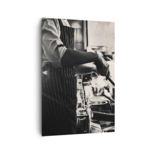 Obraz na płótnie - Kucharz przy pracy w kuchni z parą unoszącą się z patelni - 70x100cm - Alchemia smaków - Nowoczesna dekoracja ścienna do salonu i sypialni ARTTOR