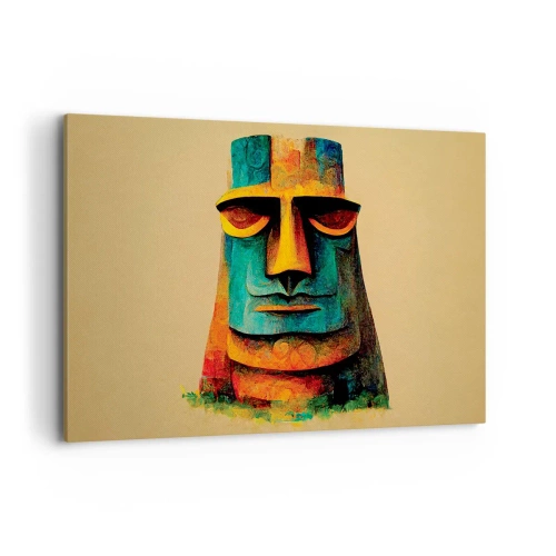 Obraz na płótnie - Kolorowy posąg z Wyspy Wielkanocnej - 100x70cm - Posągowy, a sympatyczny - Nowoczesna dekoracja ścienna do salonu, kuchni i sypialni ARTTOR