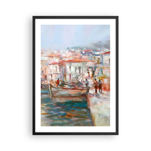 Plakat w czarnej ramie - Malowniczy port w pastelowych kolorach - 50x70cm - Pastelowe wakacje - Nowoczesna dekoracja ścienna do salonu i sypialni ARTTOR