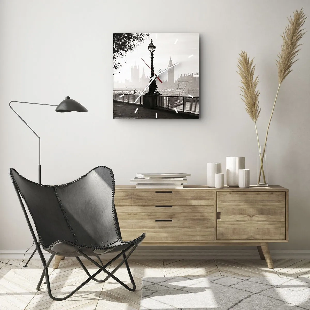 Zegar ścienny - Monochromatyczny widok na Big Ben i Tamizę - 30x30cm - Londyński poranek - Nowoczesna dekoracja ścienna do salonu i sypialni ARTTOR