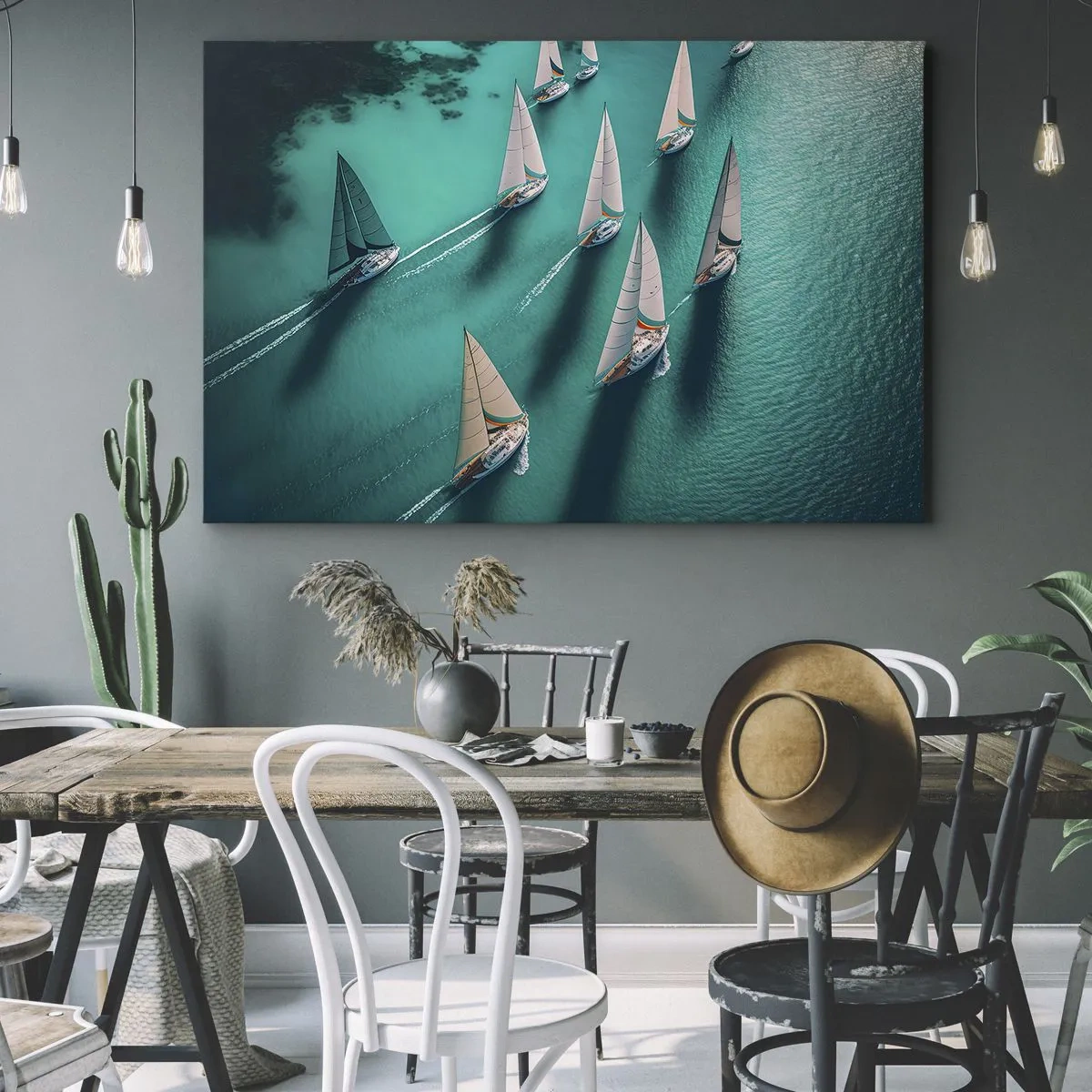 Obraz na płótnie - Jachty na turkusowej wodzie w dynamicznym ruchu - 70x50cm - W zawody z wiatrem - Nowoczesna dekoracja ścienna do salonu i sypialni ARTTOR