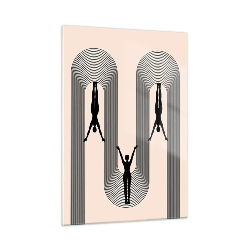 Obraz na szkle - Czarne sylwetki postaci zawieszone w rytmicznych łukach - 50x70cm - Do góry nogami - Nowoczesna dekoracja ścienna do salonu, kuchni i sypialni ARTTOR