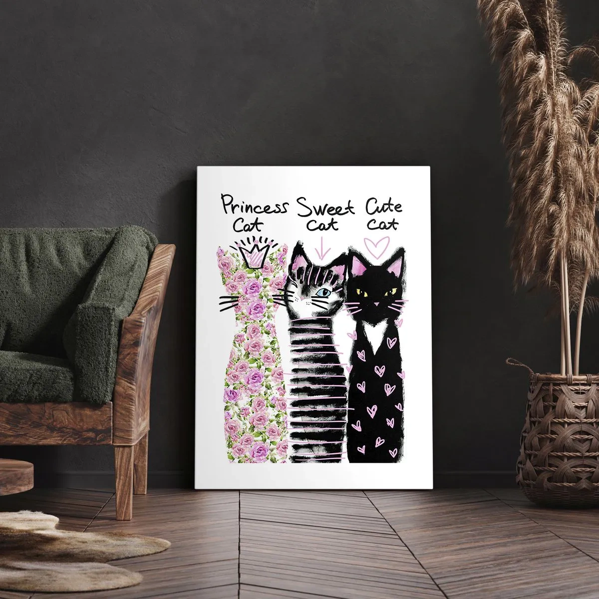 Obraz na płótnie - Trzy stylizowane koty z ozdobnymi wzorami - 50x70cm - Były sobie kotki trzy - Nowoczesna dekoracja ścienna do salonu, kuchni i sypialni ARTTOR