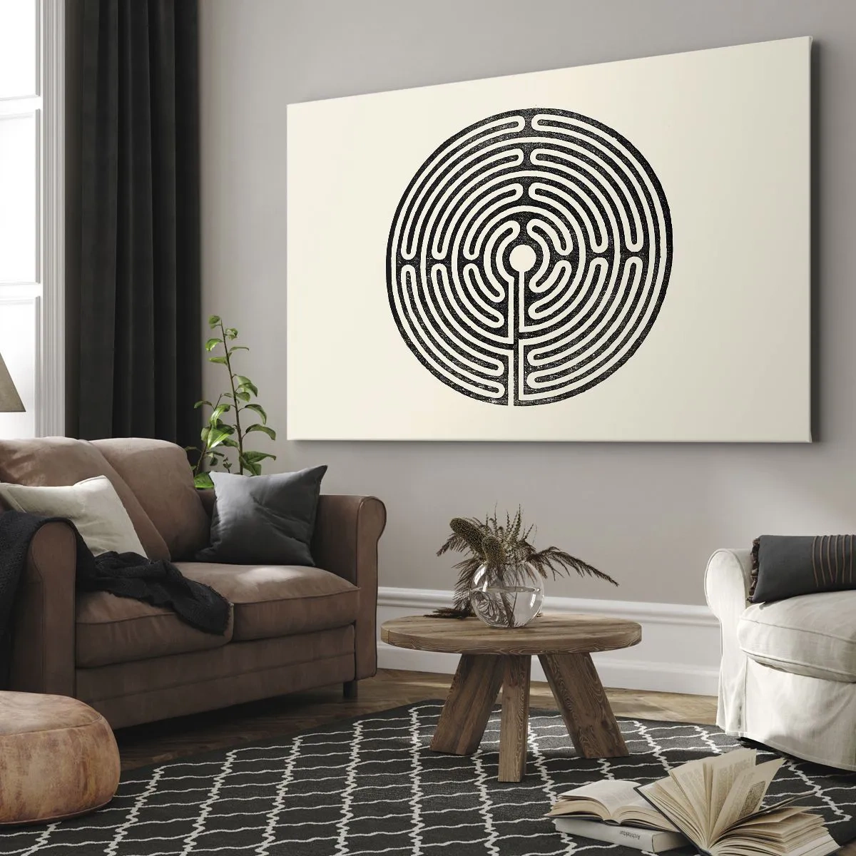 Obraz na płótnie - Czarno-biały okrągły labirynt na jasnym tle - 70x50cm - Tajemniczy porządek - Nowoczesna dekoracja ścienna do salonu i sypialni ARTTOR