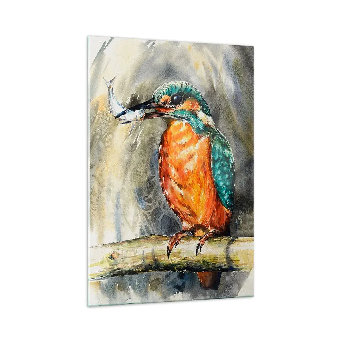 Obraz na szkle - Kolorowy zimorodek z rybą w dziobie na tle natury - 70x100cm - Prawo natury - Nowoczesna dekoracja ścienna do salonu i sypialni ARTTOR