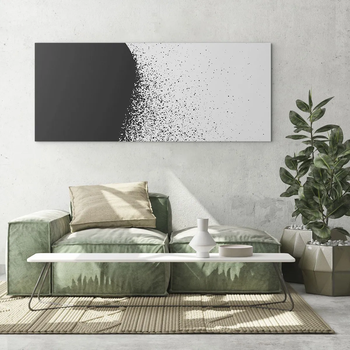 Obraz na szkle - Abstrakcyjny wzór z czarnymi cząstkami na jasnym tle - 120x50cm - Ruch cząsteczek - Nowoczesna dekoracja ścienna do salonu i sypialni ARTTOR
