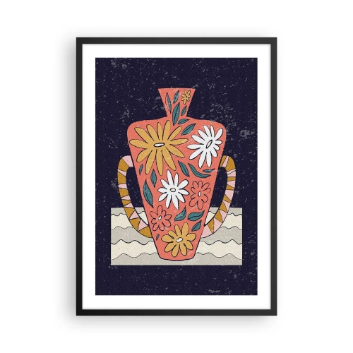 Plakat w czarnej ramie - Kolorowy wazon z kwiatowym wzorem na ciemnym tle - 50x70cm - Malowany dzban - Nowoczesna dekoracja ścienna do salonu i sypialni ARTTOR