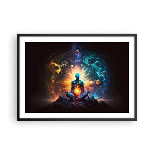 Plakat w czarnej ramie - Postać w medytacji otoczona kosmiczną aurą - 70x50cm - Kosmiczny spokój - Nowoczesna dekoracja ścienna do salonu i sypialni ARTTOR