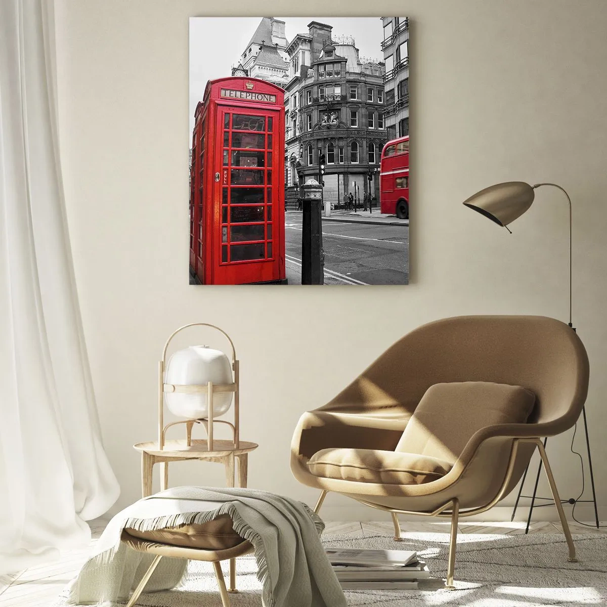 Obraz na szkle - Czerwona budka telefoniczna i autobus w Londynie - 50x70cm - Najczerwieńsze w Europie - Nowoczesna dekoracja ścienna do salonu, kuchni i sypialni ARTTOR